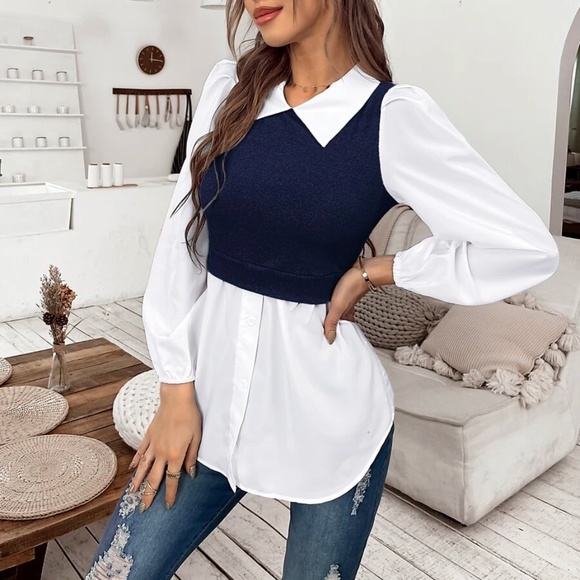 Classic black Collar Work Office Minimalist Top - Picture 4 of 8